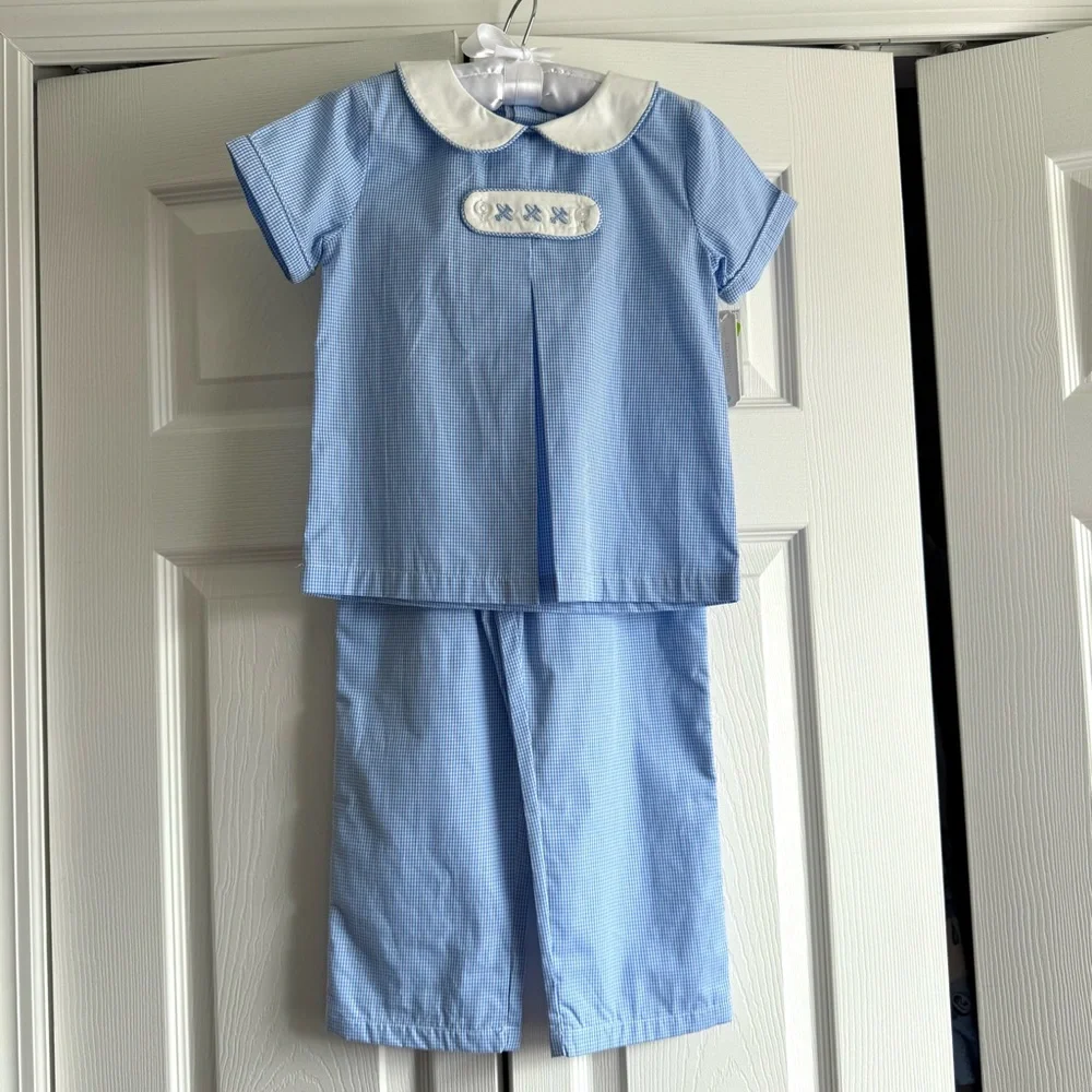 Edgehill Collection Little Boys' Peter Pan Cap Sleeve Tab Pants Set - Blue